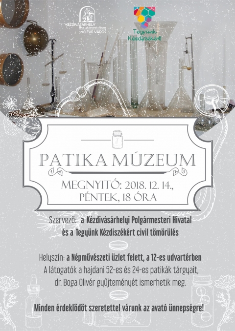 Patika m�zeum avat� december 14-�n, p�nteken a 12-es Udvart�rben - Patika m�zeum avat� december 14-�n, p�nteken a 12-es Udvart�rben.

A K�zdiv�s�rhelyi Polg�rmesteri Hivatal �s a Tegy�nk K�zdisz�k�rt t�m�r�l�s �sszefog�s�val 2018. december 14-�n, p�nteken, 18 �r�t�l felavatj�k a k�zdiv�s�rhelyi Patika m�zeumot, a 12-es Udvart�rben (a N�pműv�szeti �zlet felett).

Az előzetesen forgatott filmet december 7-�n hat �rakor a Polyp Tv-ben lehetett megtekinteni.

https://www.facebook.com/TegyunkKezdiszekert/videos/351765488982527/

Az �rdeklődők a kommunizmusban 52-es �s 24-es patika megmentett felszerel�seivel �s dr. Boga Oliv�r gyűjtem�ny�vel tal�lkozhatnak. A m�zeum anyaga 2008-ban n�h�ny �vet az als�lemh�nyi Gerontol�giai �s Rehabilit�ci�s K�zpontban volt ki�ll�tva.

Minden �rdeklődőt szeretettel v�runk az avat� �nneps�gre.

https://www.facebook.com/events/761273167571698/