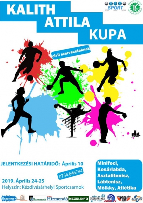 Kalith Attila Kupa - K�zdiv�s�rhely �nkorm�nyzat�nak Sportirod�ja �s a Z�ld Nap Egyes�let 2019. �prilis 24-25-�n megszervezi a Kalith Attila Kupa elnevez�sű sportesem�nyt, amelyre civil szervezetek, di�ktan�csok, di�kszervezetek �s felekezeti szervezetek jelentkez�s�t v�rja. A k�tnapos esem�nyen lehetős�g ad�dik kosarazni, mini-focizni, atl�tikai pr�b�kban versenyezni, asztaliteniszezni �s kipr�b�lhat� lesz a finn dob�j�t�k a m�lkky is.

A civil szervezetek a jelentkez�st a kocsiszo@yahoo.com c�men vagy a 0754.646744-es telefonsz�mon tehetik meg �prilis 10-ig. Regisztr�ci�s d�j: 10 lej/fő. 

Partnerek: K�zdiv�s�rhely �nkorm�nyzata �s az Erasmus+program

Szerző: Kocsis Zolt�n

Plak�tterv: Miguel Paya