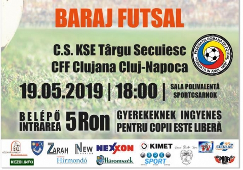KSE - Clujana Kolozsv�r futsal m�rkőz�s - A KSE Futsal csapata, 2019. m�jus 19-�n vas�rnap 18 �r�t�l a CFF Clujana Kolozsv�r csapattal m�rkőzik meg a k�zdiv�s�rhelyi Sportcsarnokban.

A bel�pő 5 lej, gyerekeknek ingyenes.
