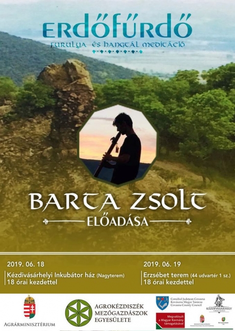 Bartha Zsolt - furulya és hangtál meditáció a kézdivásárhelyi Inkubátor házban és az Erzsébet Teremben - Bartha Zsolt furulya és hangtál meditációt tart. A belépés ingyenes, mindenkit nagy szeretettel várunk.
Két helyszínen lesz előadás:
Kézdivásárhely Inkubátor ház (Nagyterem), 2019-06-18, kedden 18:00 óra
Erzsébet Terem, 2019-06-19, szerdán 18:00 óra