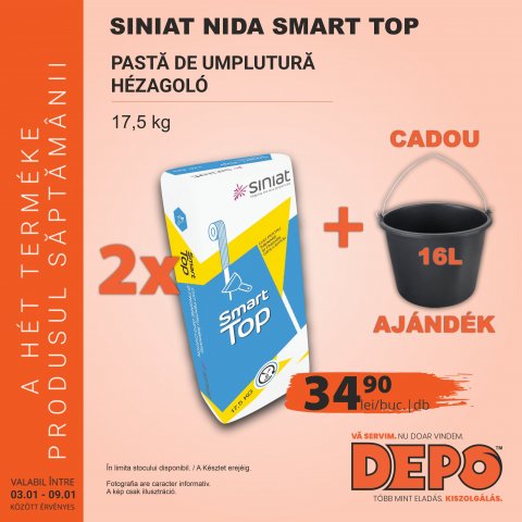 DEPO - Hét terméke 2022 január 3-9 - Vásároljon 2 zsák Siniat Nida Smart Top hézagolót és ajándékba adunk egy 16 literes vedret.