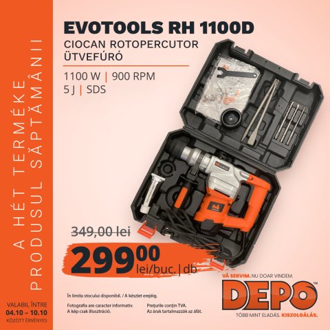 DEPO - Hét terméke 2021 okt. 4-10 - EvoTools RH1100D ütvefúró
Robustus, erős, gyors, felszerelt és most olcsó is.
1100 W | 900 ford/perc | 5J | 4300 ütés/perc